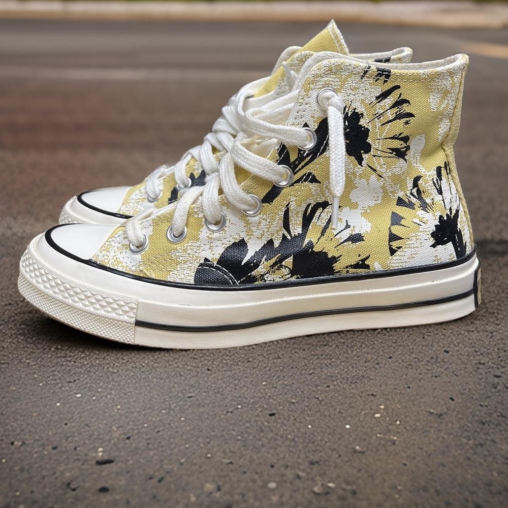 Converse Yellow and Black Floral High-Top Sneakers